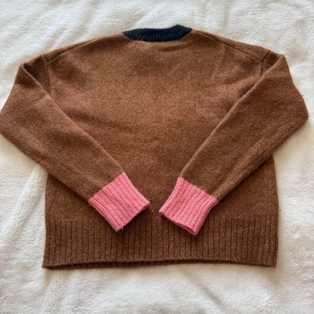 ALC Brown Alpaca Blend Colorblock Sweater Pink Cuffs Black Crew Neck size Small - Picture 9 of 9